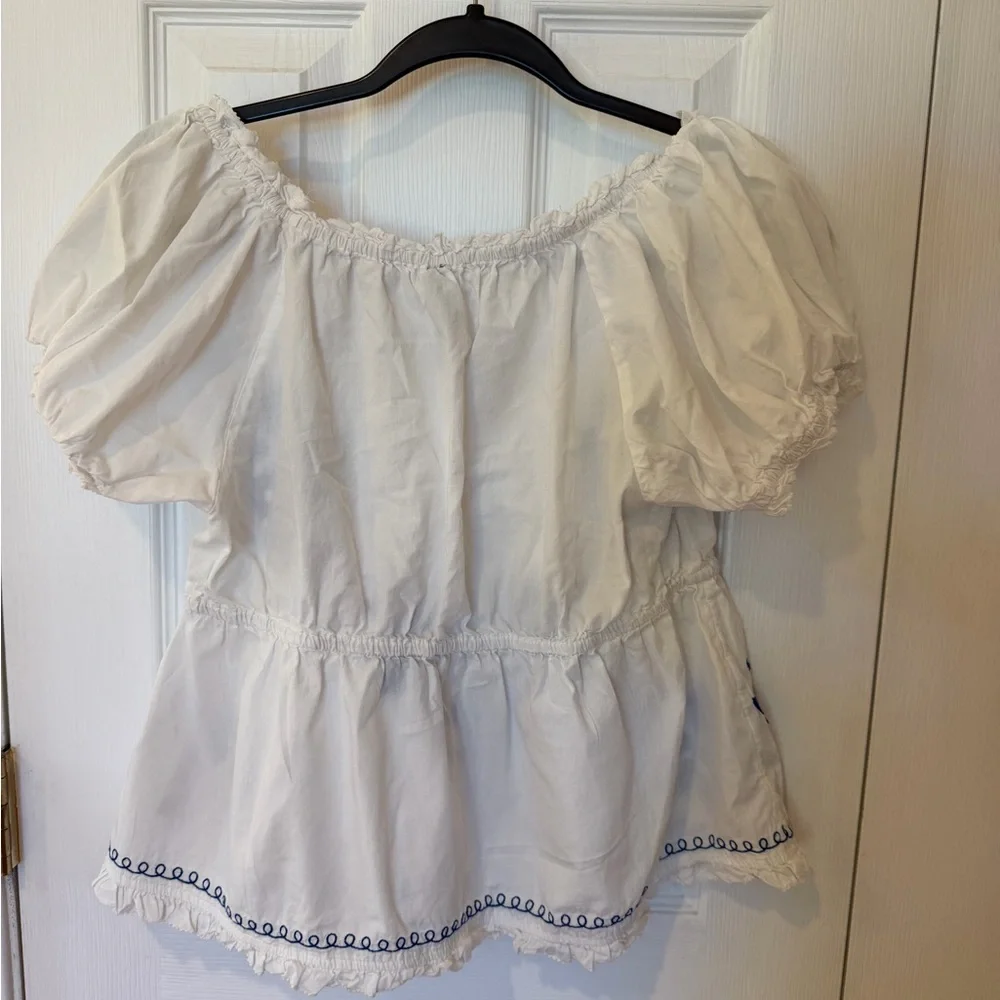 ANTHROPOLOGIE Puff-Sleeve Embroidered Babydoll Top white blue small